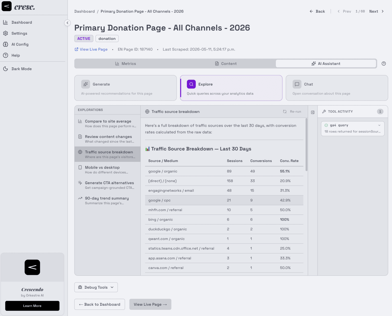 AI Explorations panel with configurable query templates and a streaming result window